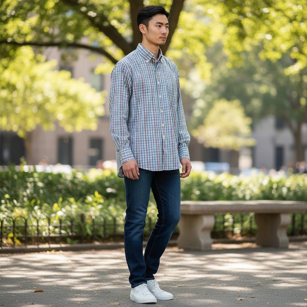 Peter Millar Mens Large Cotton Silk Plaid Button Down Shirt Blue Tailored Preppy